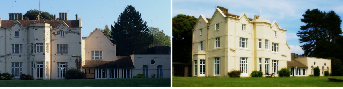 Withersdane Hall render repair, before and after
