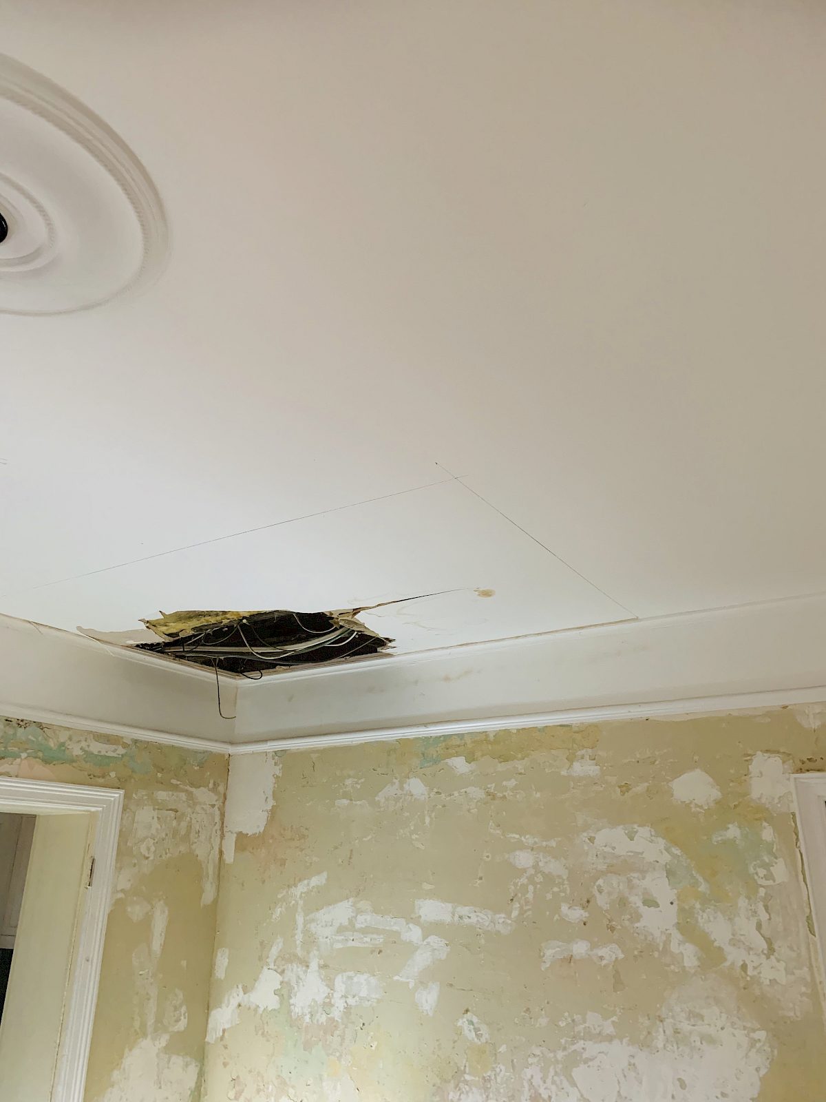 Water-damaged ceiling replacement plaster work, Ashford