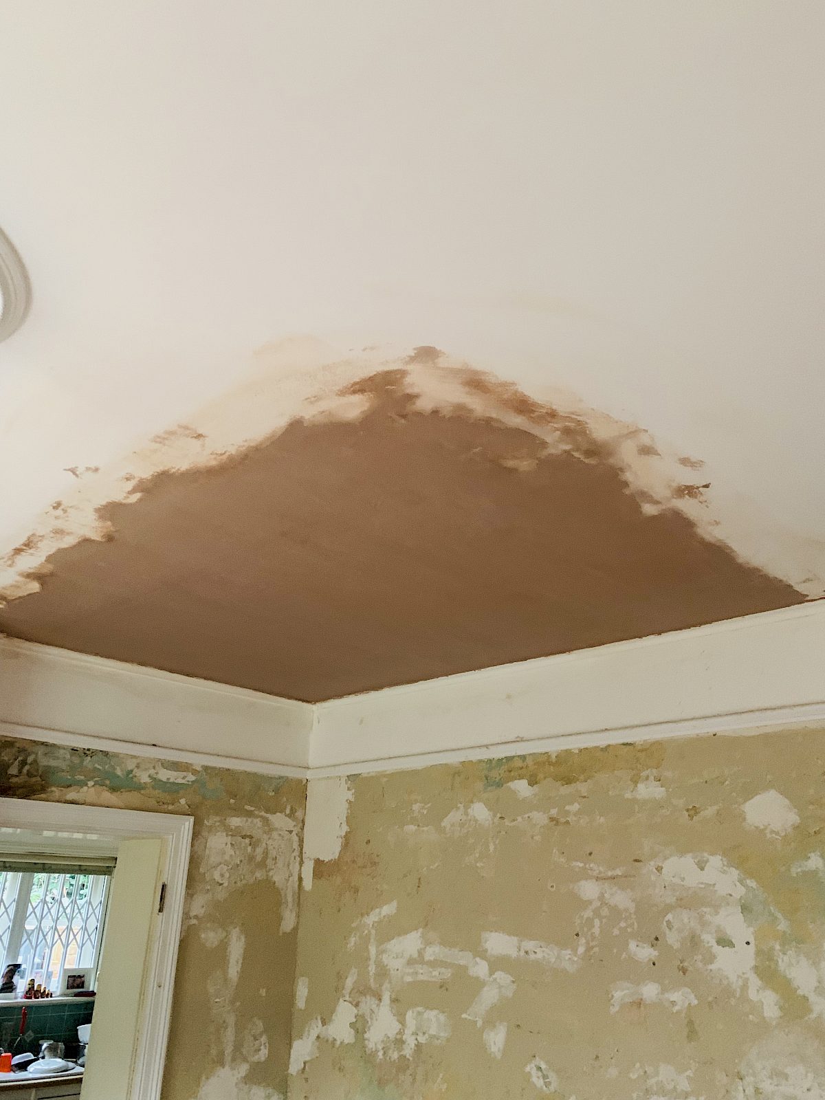 Water-damaged ceiling replacement plaster work, Ashford