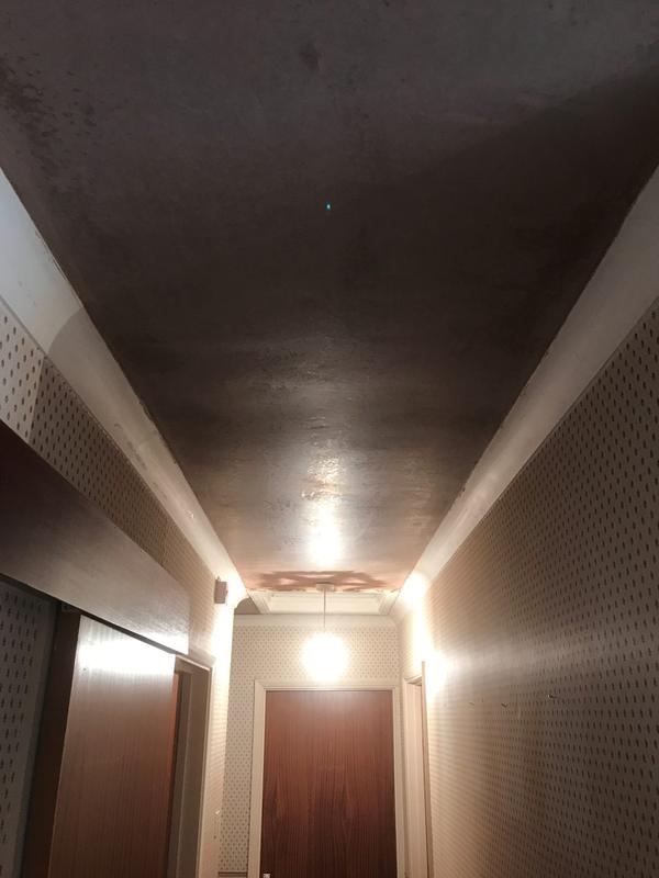 Hallway ceiling with damaged plaster